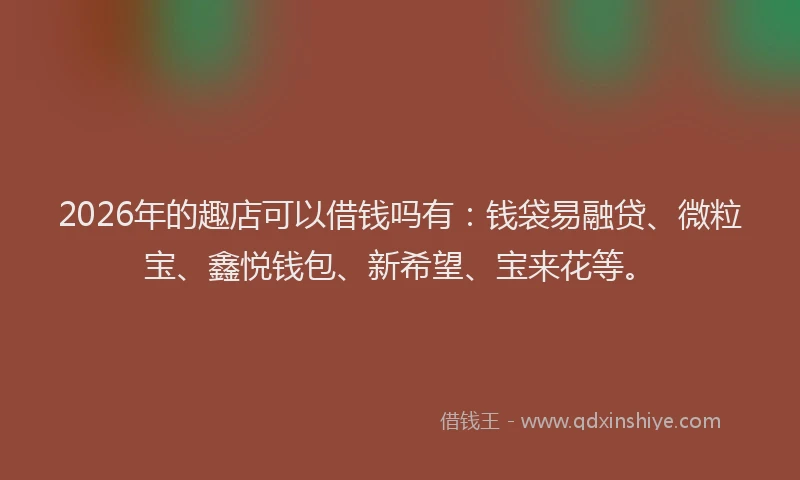 2026年的趣店可以借钱吗有:钱袋易融贷、微粒宝、鑫悦钱包、新希望、宝来花等。