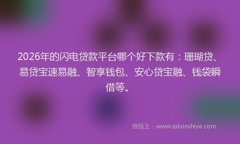 2026年的闪电贷款平台哪个好下款有：珊瑚贷、易贷宝速易融、智享钱包、安心贷宝融、钱袋瞬借等。