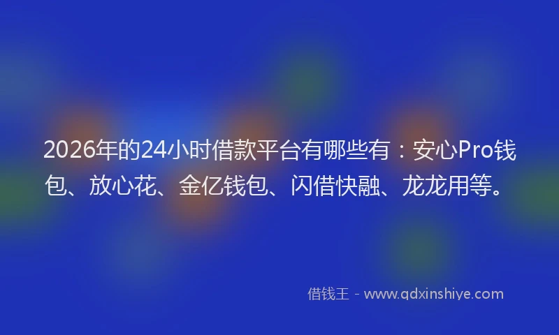 2026年的24小时借款平台有哪些有：安心Pro钱包、放心花、金亿钱包、闪借快融、龙龙用等。