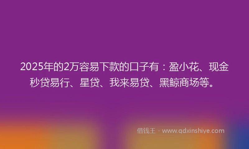 2025年的2万容易下款的口子有：盈小花、现金秒贷易行、星贷、我来易贷、黑鲸商场等。