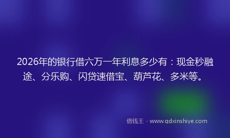 2026年的银行借六万一年利息多少有：现金秒融途、分乐购、闪贷速借宝、葫芦花、多米等。