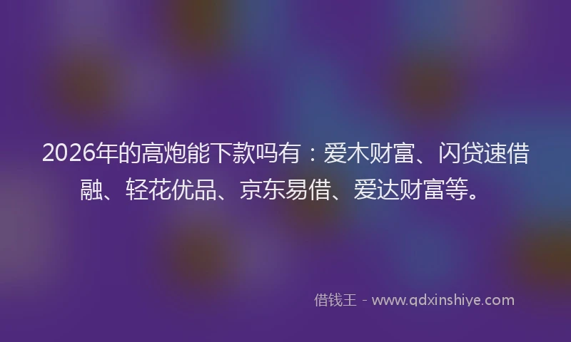 2026年的高炮能下款吗有：爱木财富、闪贷速借融、轻花优品、京东易借、爱达财富等。