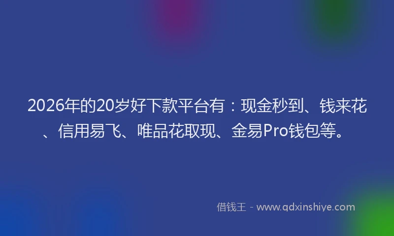 2026年的20岁好下款平台有：现金秒到、钱来花、信用易飞、唯品花取现、金易Pro钱包等。