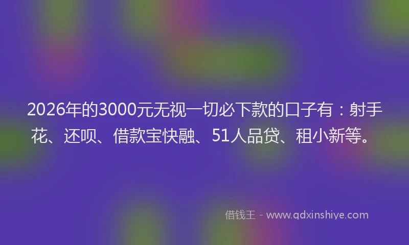 2026年的3000元无视一切必下款的口子有：射手花、还呗、借款宝快融、51人品贷、租小新等。