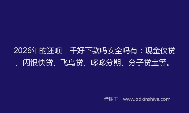 2026年的还呗一千好下款吗安全吗有:现金侠贷、闪银快贷、飞鸟贷、哆哆分期、分子贷宝等。