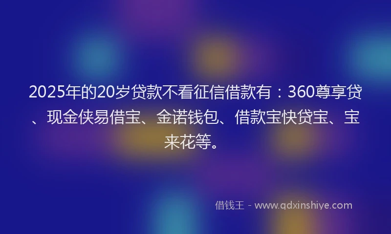 2025年的20岁贷款不看征信借款有：360尊享贷、现金侠易借宝、金诺钱包、借款宝快贷宝、宝来花等。
