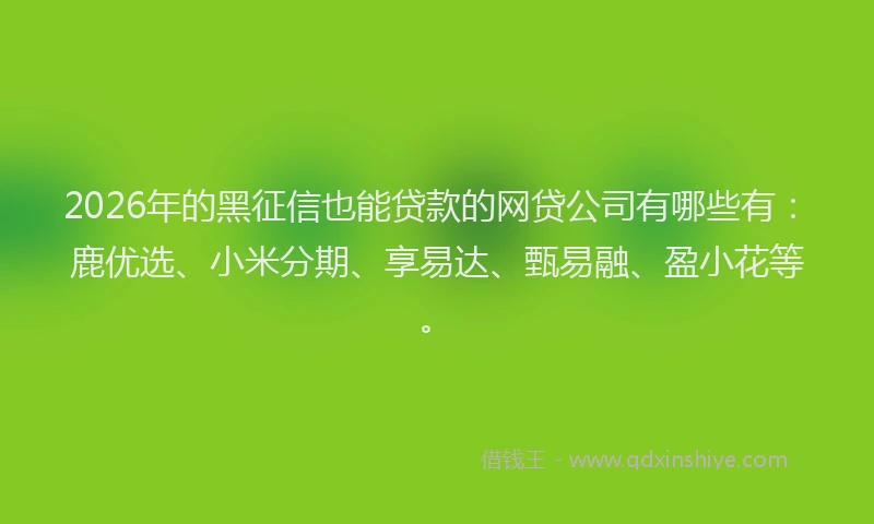 2026年的黑征信也能贷款的网贷公司有哪些有：鹿优选、小米分期、享易达、甄易融、盈小花等。