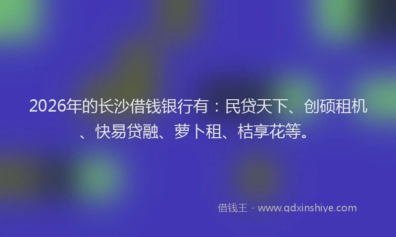 2026年的长沙借钱银行有：民贷天下、创硕租机、快易贷融、萝卜租、桔享花等。