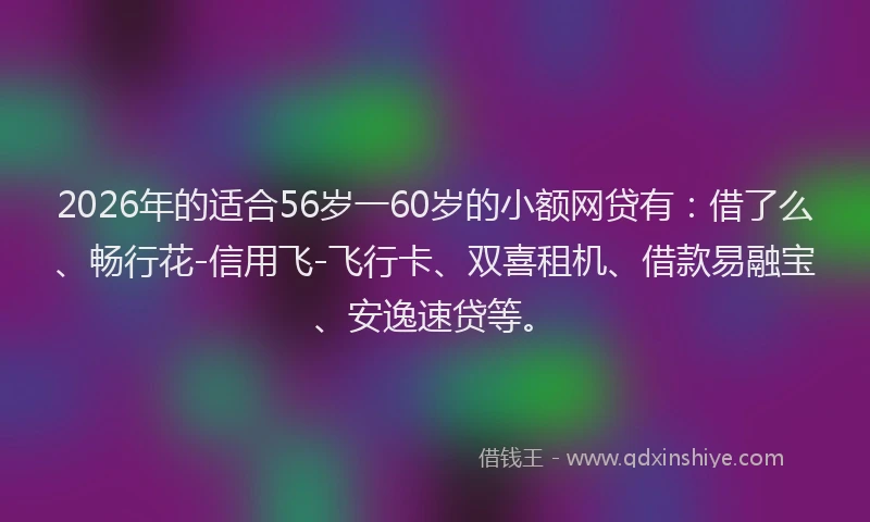 2026年的适合56岁一60岁的小额网贷有：借了么、畅行花-信用飞-飞行卡、双喜租机、借款易融宝、安逸速贷等。