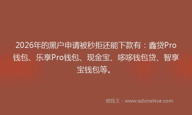 2026年的黑户申请被秒拒还能下款有：鑫贷Pro钱包、乐享Pro钱包、现金宝、哆哆钱包贷、智享宝钱包等。