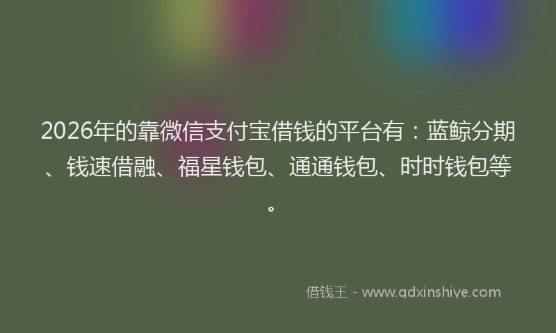 2026年的靠微信支付宝借钱的平台有：蓝鲸分期、钱速借融、福星钱包、通通钱包、时时钱包等。
