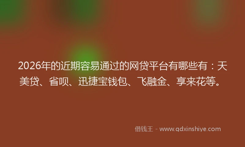 2026年的近期容易通过的网贷平台有哪些有：天美贷、省呗、迅捷宝钱包、飞融金、享来花等。
