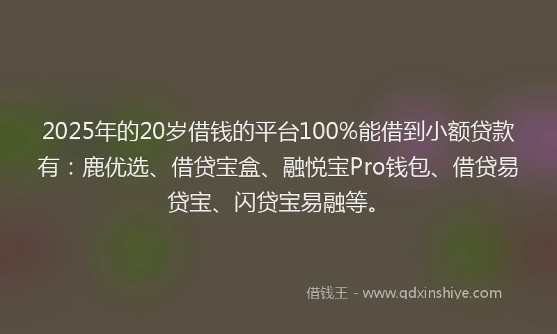 2025年的20岁借钱的平台100%能借到小额贷款有：鹿优选、借贷宝盒、融悦宝Pro钱包、借贷易贷宝、闪贷宝易融等。