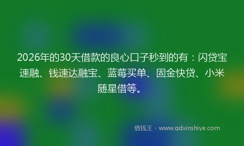 2026年的30天借款的良心口子秒到的有：闪贷宝速融、钱速达融宝、蓝莓买单、固金快贷、小米随星借等。