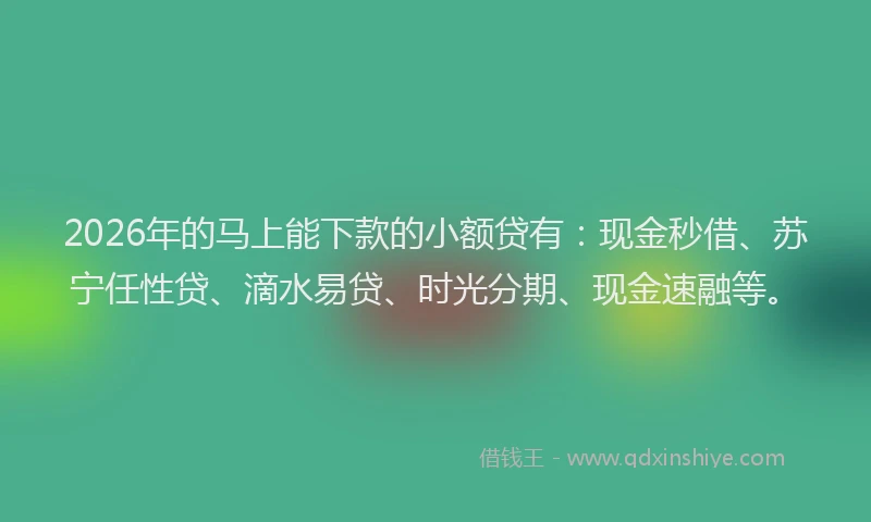 2026年的马上能下款的小额贷有：现金秒借、苏宁任性贷、滴水易贷、时光分期、现金速融等。