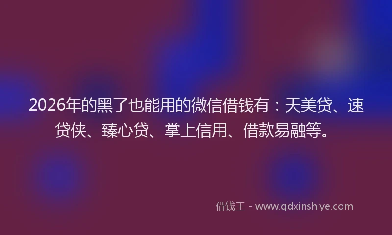 2026年的黑了也能用的微信借钱有：天美贷、速贷侠、臻心贷、掌上信用、借款易融等。