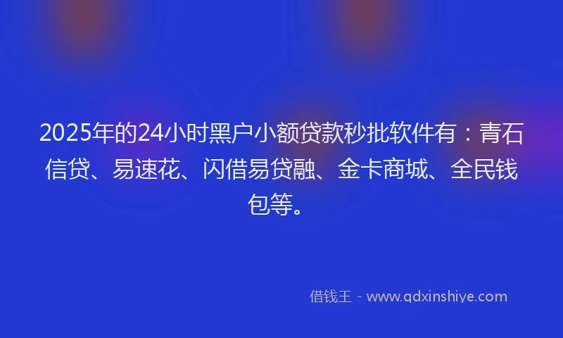 2025年的24小时黑户小额贷款秒批软件有：青石信贷、易速花、闪借易贷融、金卡商城、全民钱包等。