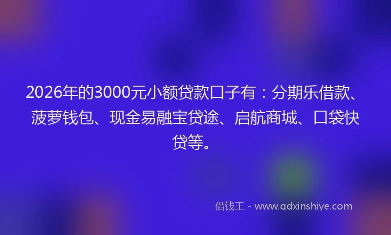 2026年的3000元小额贷款口子有：分期乐借款、菠萝钱包、现金易融宝贷途、启航商城、口袋快贷等。