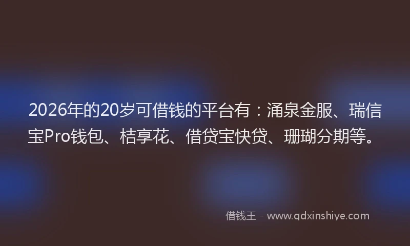 2026年的20岁可借钱的平台有:涌泉金服、瑞信宝Pro钱包、桔享花、借贷宝快贷、珊瑚分期等。