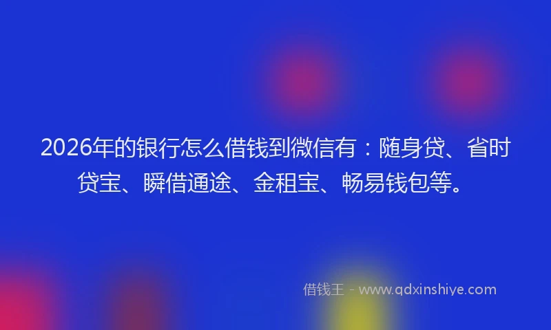 2026年的银行怎么借钱到微信有:随身贷、省时贷宝、瞬借通途、金租宝、畅易钱包等。