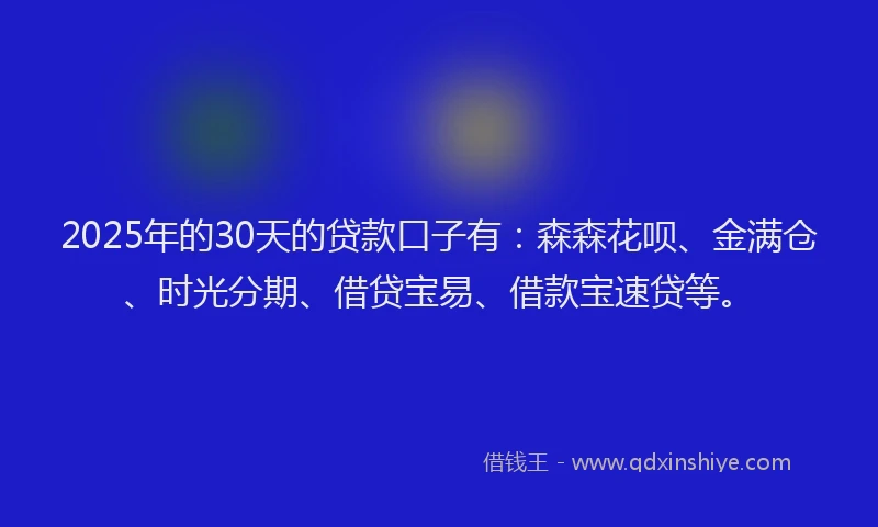 2025年的30天的贷款口子有：森森花呗、金满仓、时光分期、借贷宝易、借款宝速贷等。
