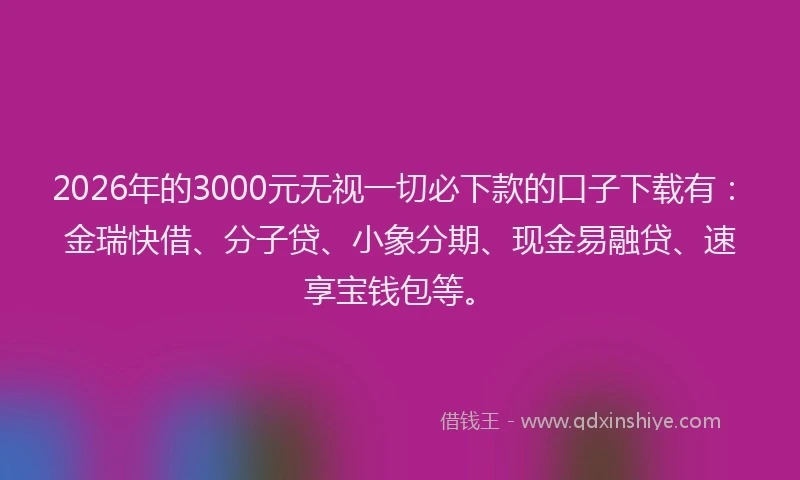 2026年的3000元无视一切必下款的口子下载有：金瑞快借、分子贷、小象分期、现金易融贷、速享宝钱包等。