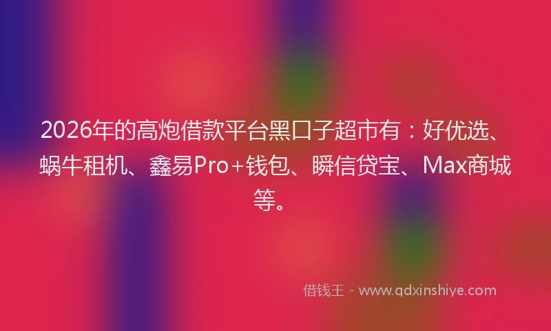 2026年的高炮借款平台黑口子超市有：好优选、蜗牛租机、鑫易Pro+钱包、瞬信贷宝、Max商城等。