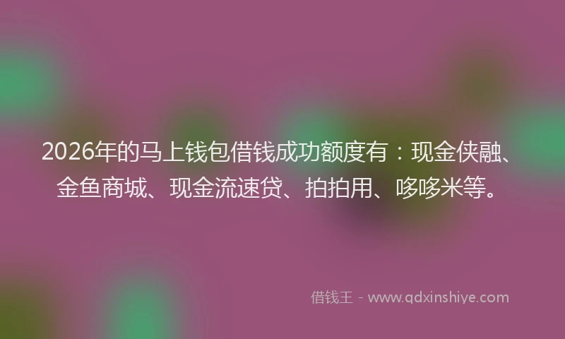 2026年的马上钱包借钱成功额度有：现金侠融、金鱼商城、现金流速贷、拍拍用、哆哆米等。
