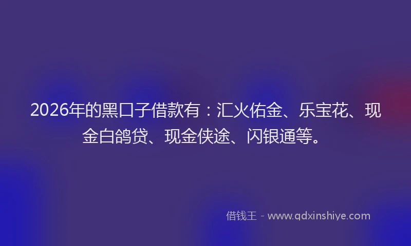 2026年的黑口子借款有：汇火佑金、乐宝花、现金白鸽贷、现金侠途、闪银通等。