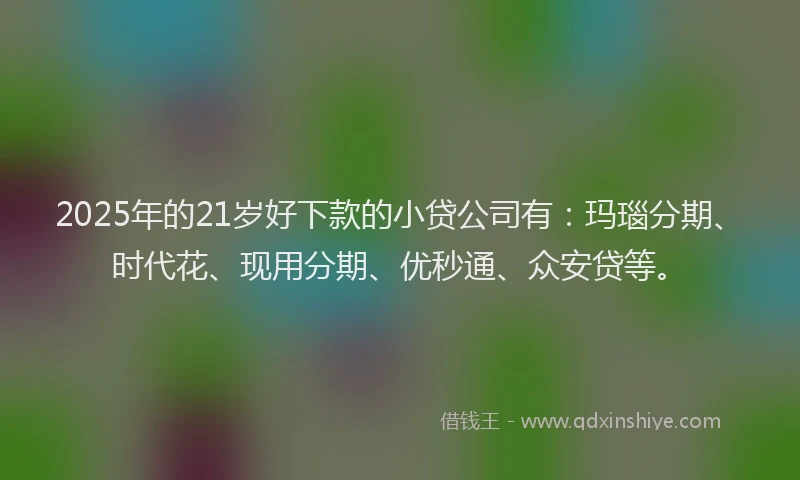 2025年的21岁好下款的小贷公司有：玛瑙分期、时代花、现用分期、优秒通、众安贷等。