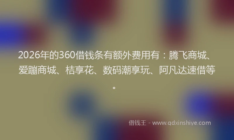 2026年的360借钱条有额外费用有：腾飞商城、爱蹦商城、桔享花、数码潮享玩、阿凡达速借等。
