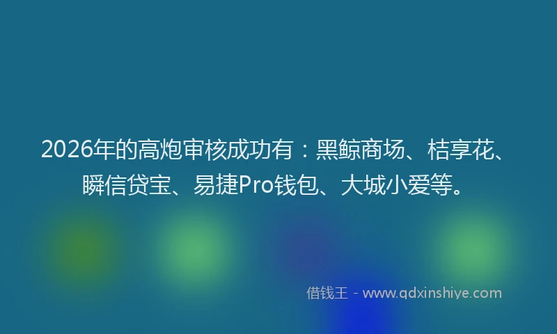 2026年的高炮审核成功有：黑鲸商场、桔享花、瞬信贷宝、易捷Pro钱包、大城小爱等。