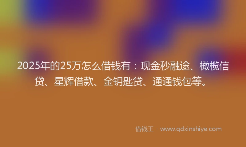 2025年的25万怎么借钱有：现金秒融途、橄榄信贷、星辉借款、金钥匙贷、通通钱包等。