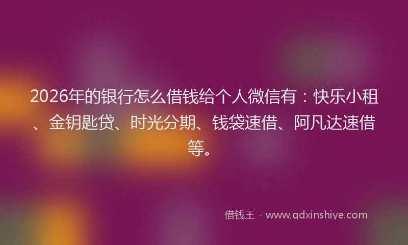 2026年的银行怎么借钱给个人微信有:快乐小租、金钥匙贷、时光分期、钱袋速借、阿凡达速借等。