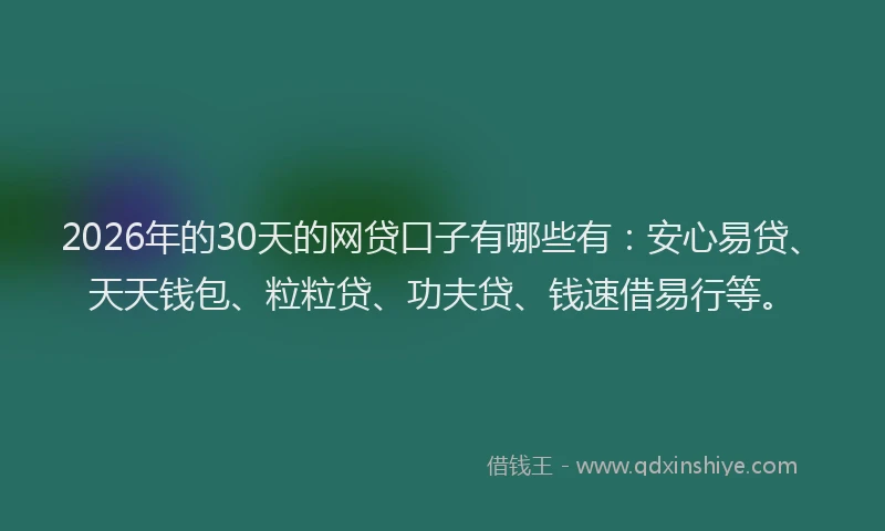 2026年的30天的网贷口子有哪些有：安心易贷、天天钱包、粒粒贷、功夫贷、钱速借易行等。