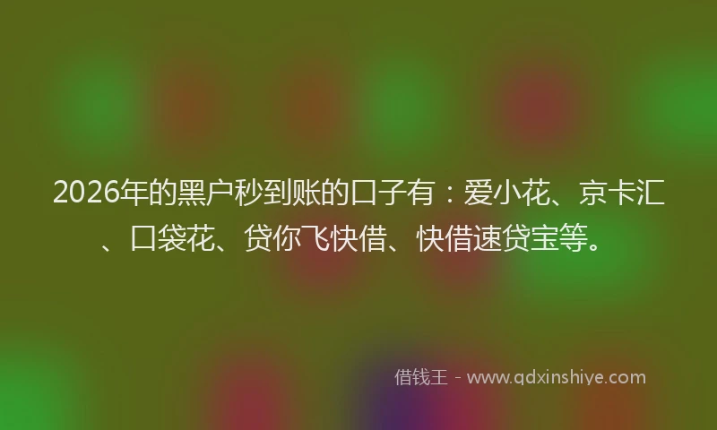 2026年的黑户秒到账的口子有：爱小花、京卡汇、口袋花、贷你飞快借、快借速贷宝等。