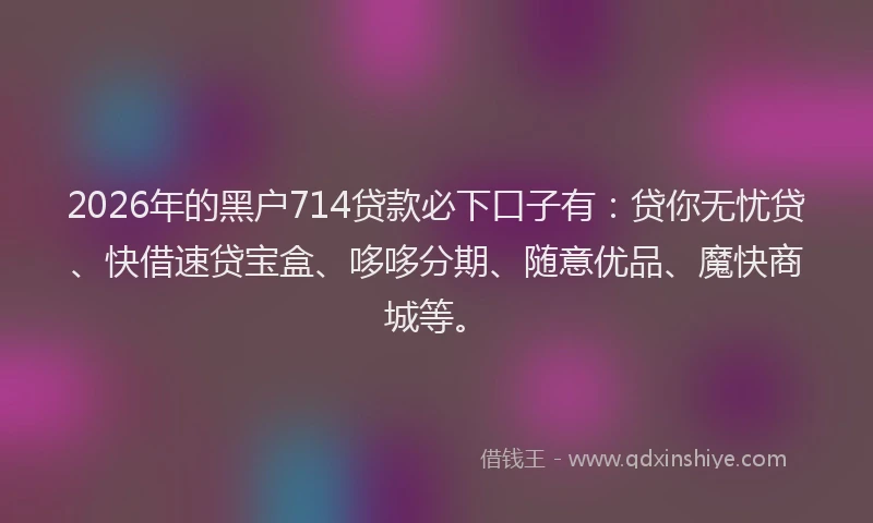 2026年的黑户714贷款必下口子有：贷你无忧贷、快借速贷宝盒、哆哆分期、随意优品、魔快商城等。
