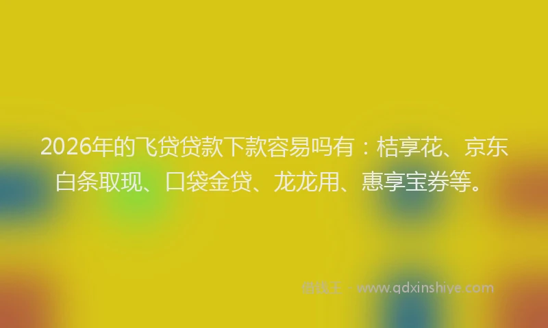 2026年的飞贷贷款下款容易吗有：桔享花、京东白条取现、口袋金贷、龙龙用、惠享宝券等。