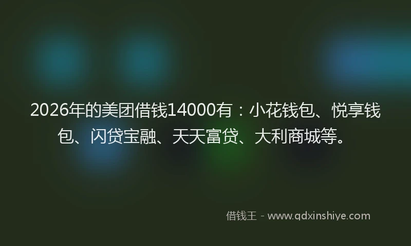 2026年的美团借钱14000有：小花钱包、悦享钱包、闪贷宝融、天天富贷、大利商城等。