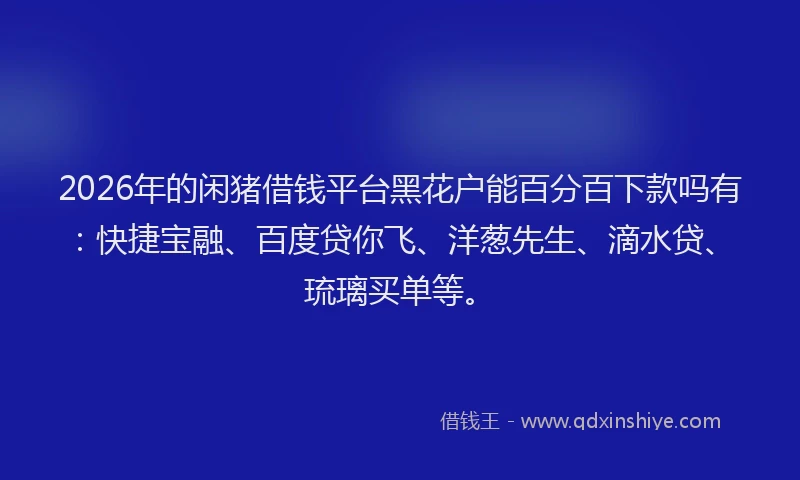 2026年的闲猪借钱平台黑花户能百分百下款吗有:快捷宝融、百度贷你飞、洋葱先生、滴水贷、琉璃买单等。