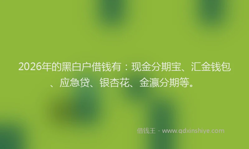 2026年的黑白户借钱有：现金分期宝、汇金钱包、应急贷、银杏花、金瀛分期等。