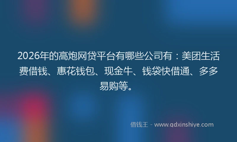 2026年的高炮网贷平台有哪些公司有：美团生活费借钱、惠花钱包、现金牛、钱袋快借通、多多易购等。