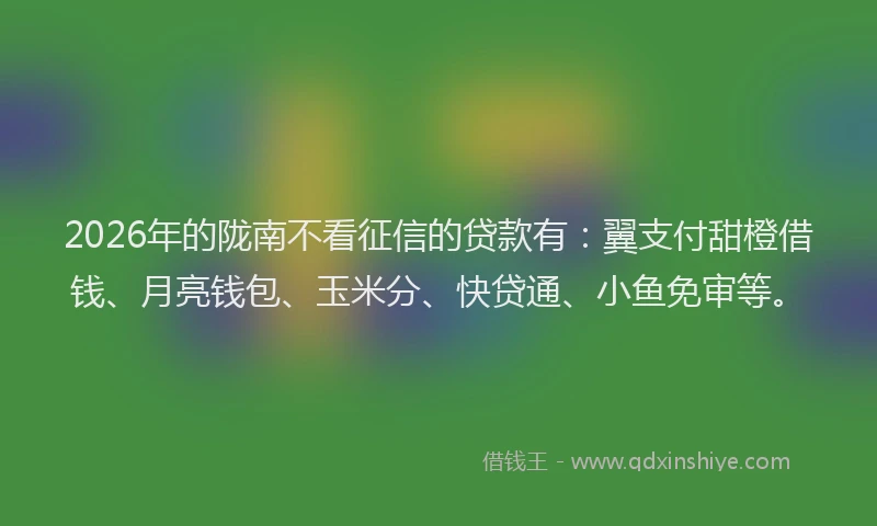 2026年的陇南不看征信的贷款有：翼支付甜橙借钱、月亮钱包、玉米分、快贷通、小鱼免审等。