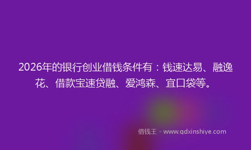 2026年的银行创业借钱条件有：钱速达易、融逸花、借款宝速贷融、爱鸿森、宜口袋等。