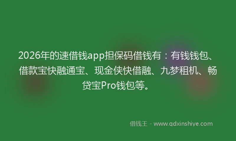 2026年的速借钱app担保码借钱有:有钱钱包、借款宝快融通宝、现金侠快借融、九梦租机、畅贷宝Pro钱包等。