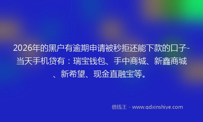 2026年的黑户有逾期申请被秒拒还能下款的口子-当天手机贷有：瑞宝钱包、手中商城、新鑫商城、新希望、现金直融宝等。