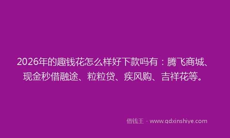 2026年的趣钱花怎么样好下款吗有:腾飞商城、现金秒借融途、粒粒贷、疾风购、吉祥花等。