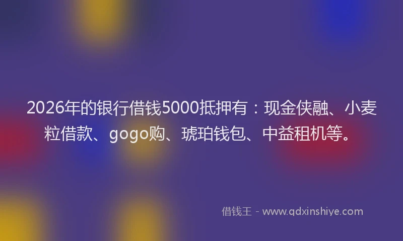 2026年的银行借钱5000抵押有：现金侠融、小麦粒借款、gogo购、琥珀钱包、中益租机等。