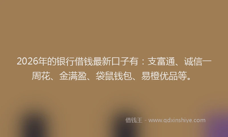 2026年的银行借钱最新口子有：支富通、诚信一周花、金满盈、袋鼠钱包、易橙优品等。