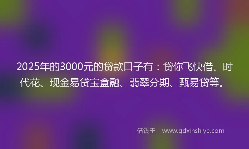 2025年的3000元的贷款口子有：贷你飞快借、时代花、现金易贷宝盒融、翡翠分期、甄易贷等。
